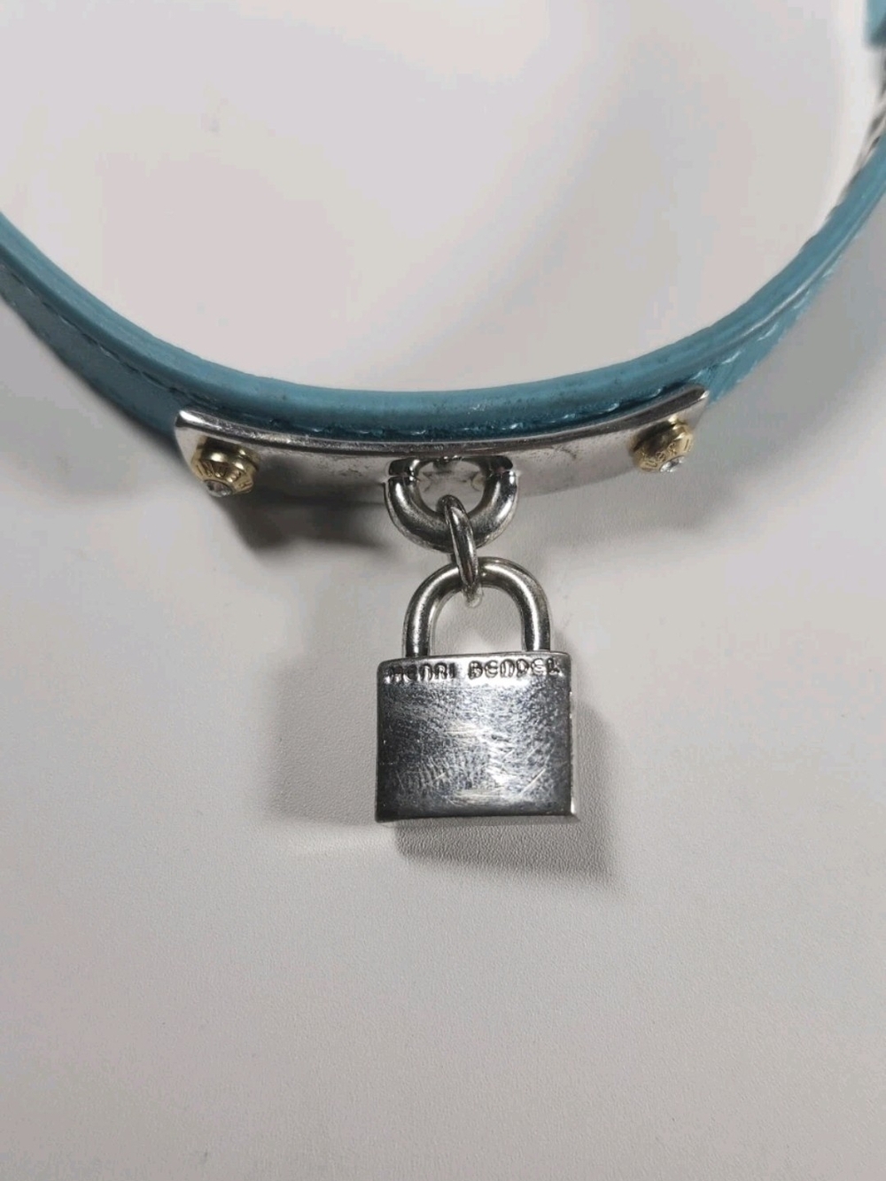Henri Bendel Vintage Silver Tone Leather Lock Logo Bracelet Turquoise Blue - Picture 15 of 16